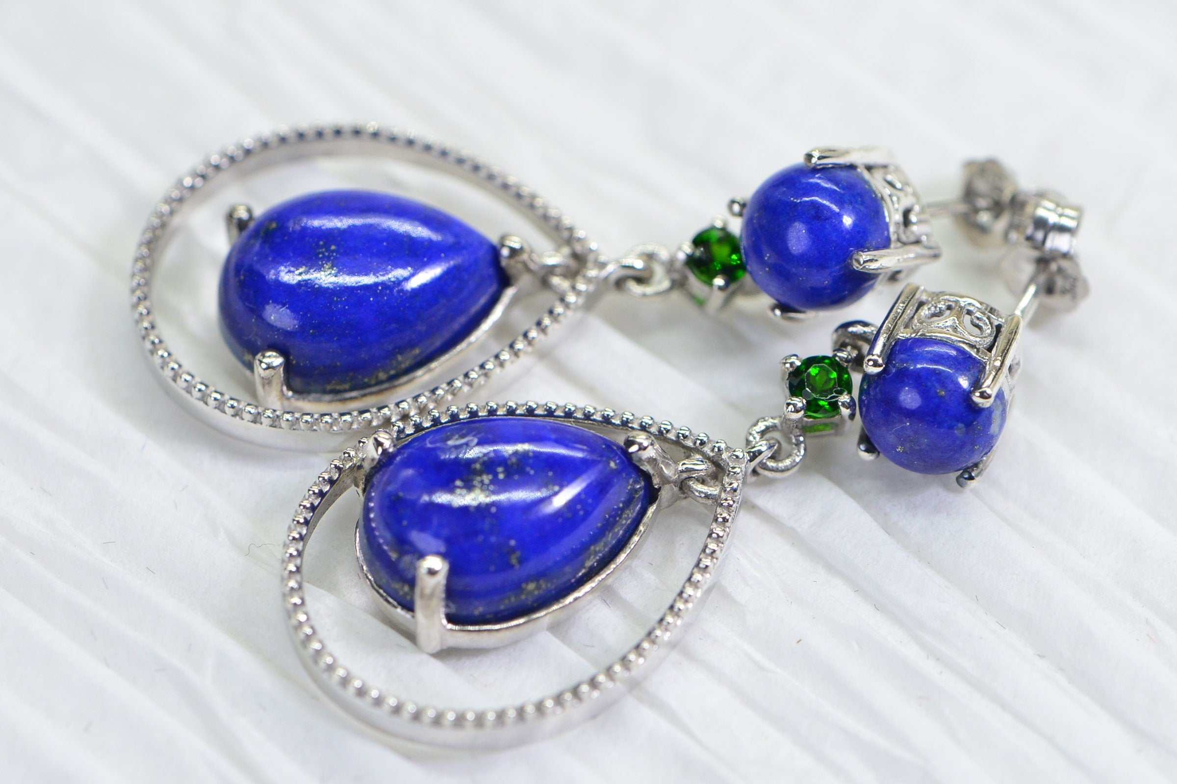 Lapis Lazuli Teardrop Dangle Earrings: Sterling Silver & Chrome Diopside
