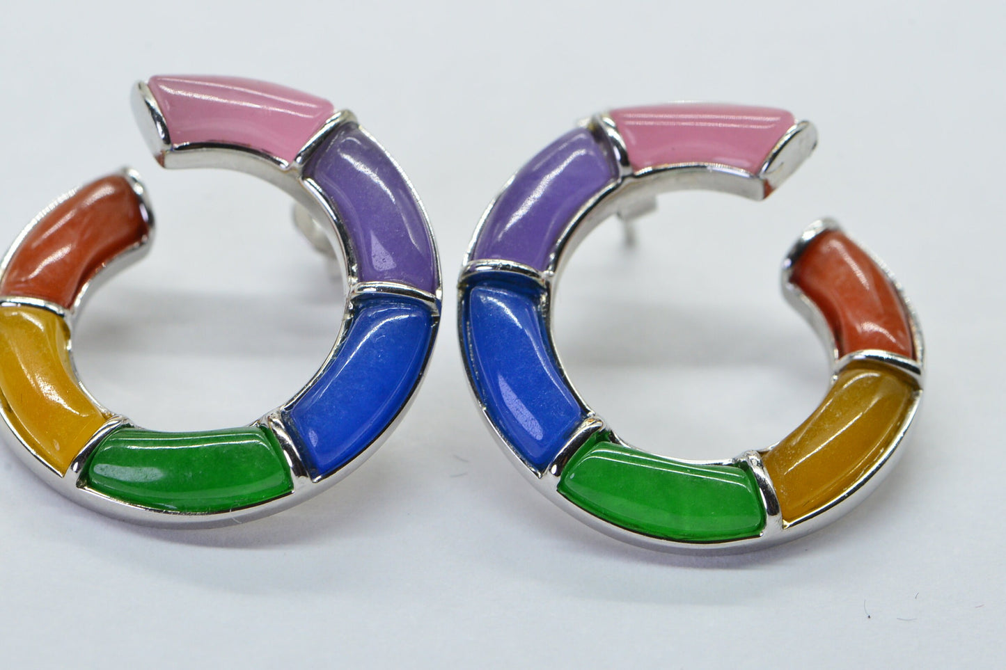 Multi Color Jade Sterling Silver Earrings: Rainbow Circle Studs