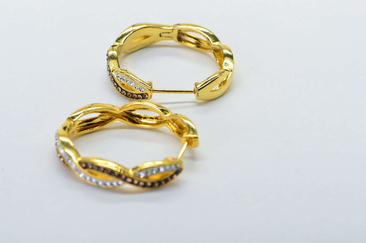 Gold Twisted Simulated Diamond Brown and White Large Hoop Earrings
