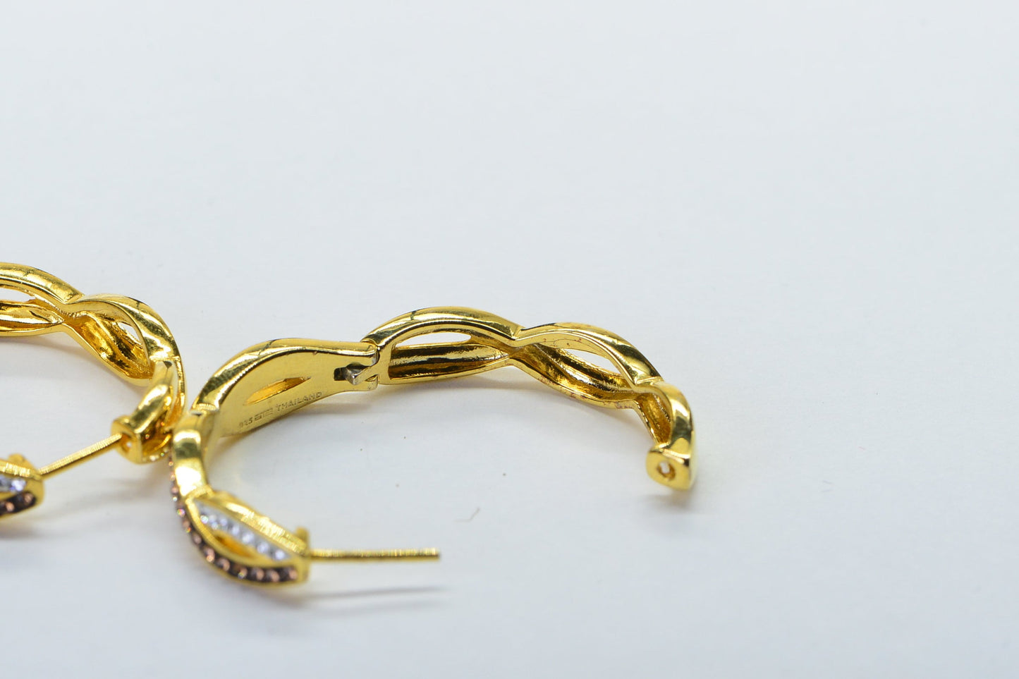 Gold Twisted Simulated Diamond Brown and White Large Hoop Earrings