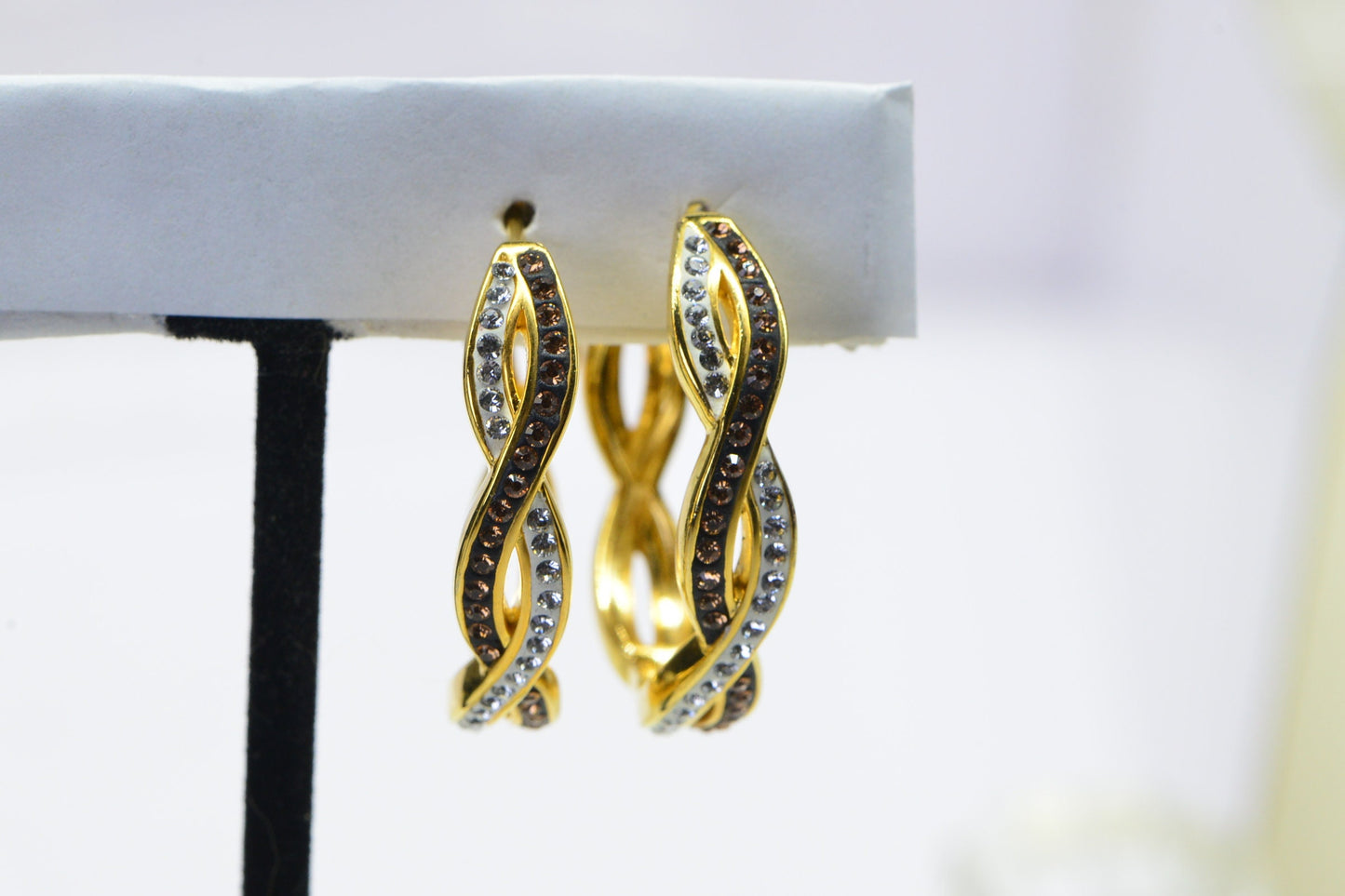 Gold Twisted Simulated Diamond Brown and White Large Hoop Earrings