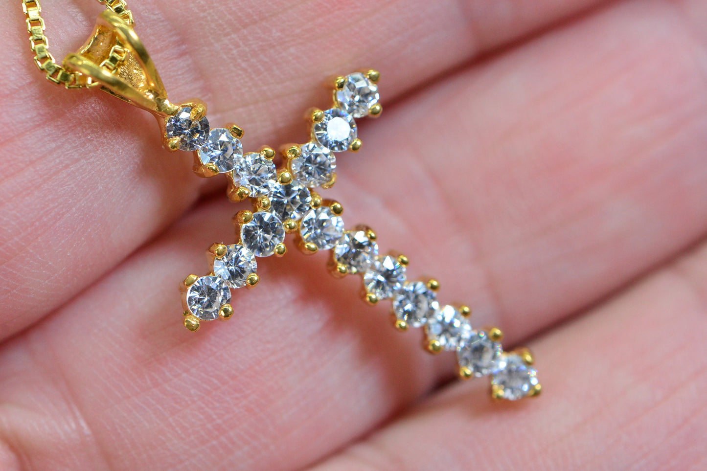 24K Yellow Gold Over Sterling silver Diamond  Cross Pendant Necklace Religious Jewelry