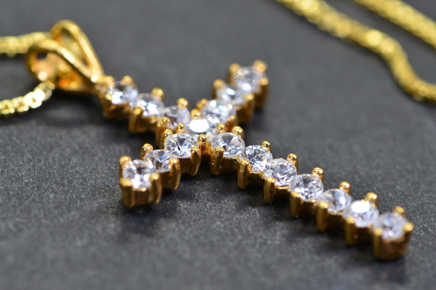 24K Yellow Gold Over Sterling silver Diamond  Cross Pendant Necklace Religious Jewelry