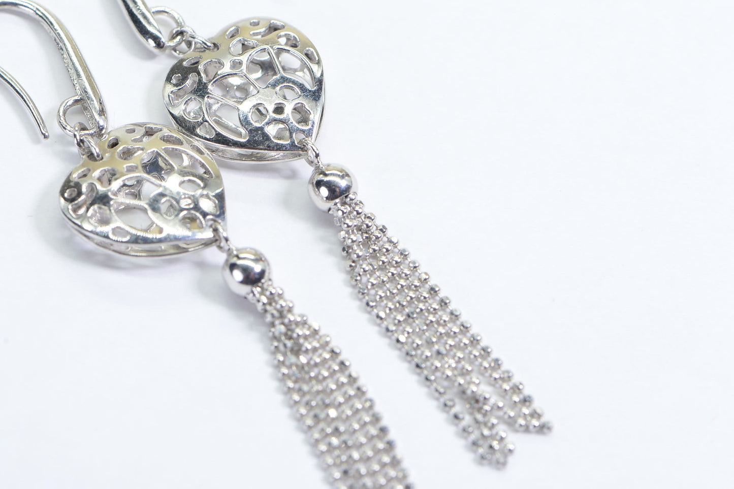Sterling Silver Tassel Earrings: Filigree Heart Dangle Earrings