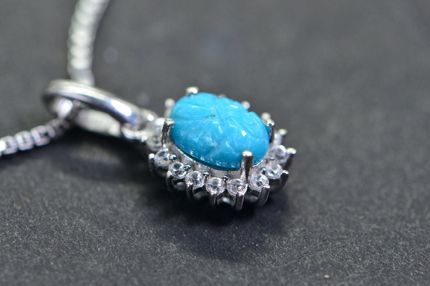 Sleeping Beauty Turquoise Flower Pendant: Sterling Silver Halo, Vintage Style