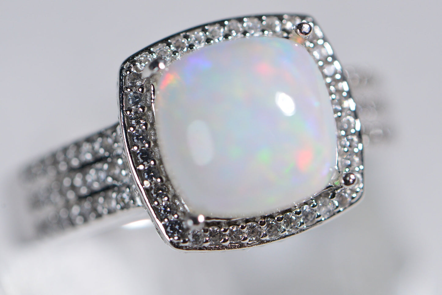 White Opal Ring: Cushion Cut Halo, Sterling Silver October Birthstone