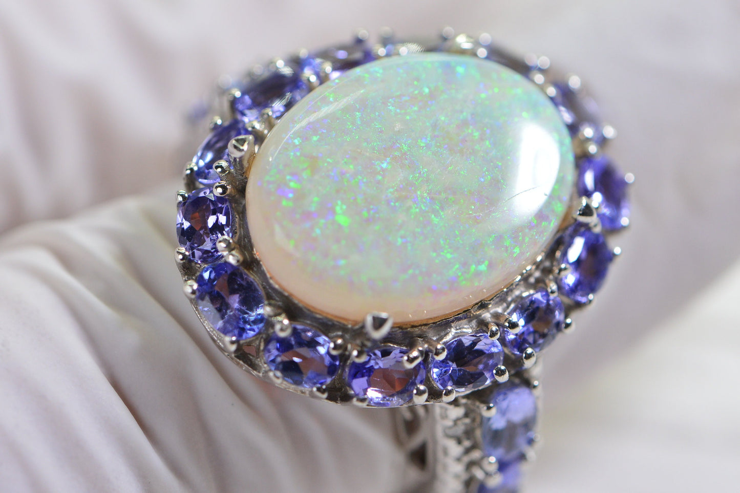 Australian White Opal Ring: Sterling Silver Halo, Tanzanite Accent