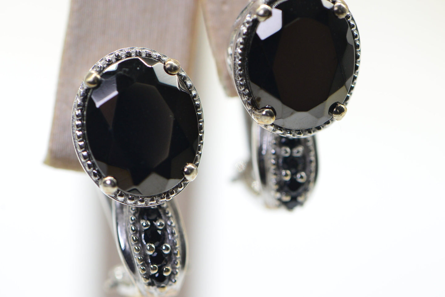 Black Onyx Sterling Silver Earrings, Faceted Oval Studs