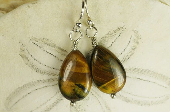 Tiger Eye Gemstone Earrings, Sterling Silver Teardrop Dangle