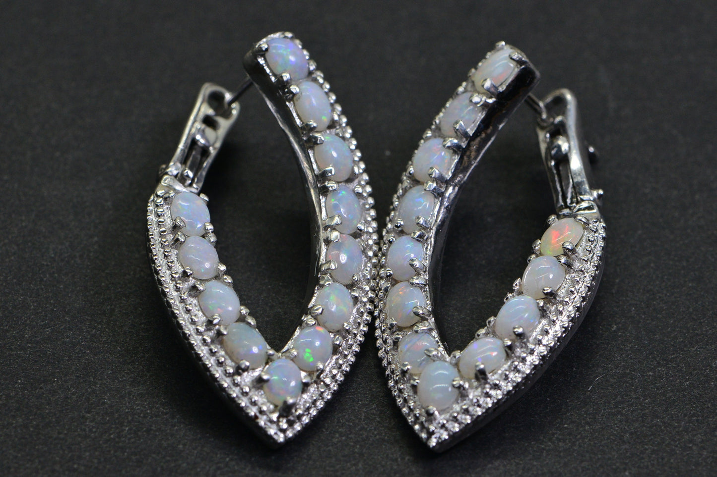 White Opal Sterling Silver Hoop Earrings, October Birthstone