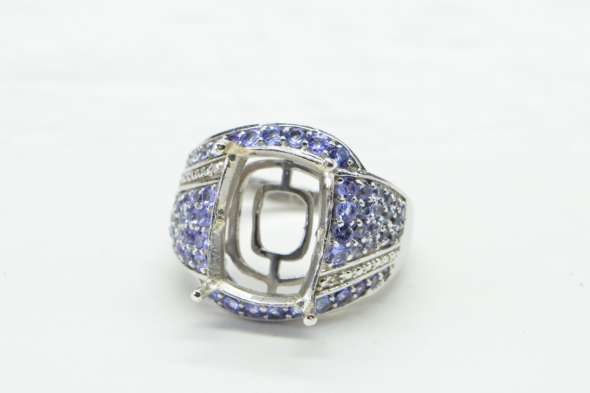 Blank Tanzanite Cluster Ring: White Gold over Sterling Silver, Size 9