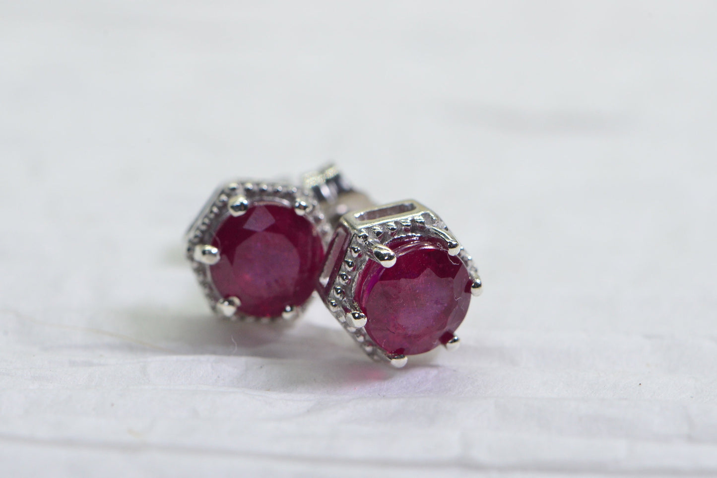 Natural Ruby Stud Earrings: Sterling Silver Basket Setting, 7mm Round