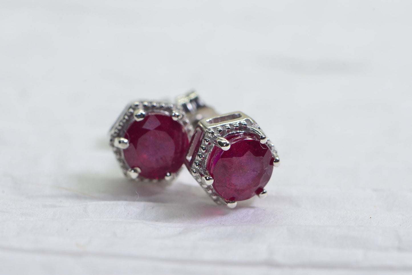 Natural Ruby Stud Earrings: Sterling Silver Basket Setting, 7mm Round