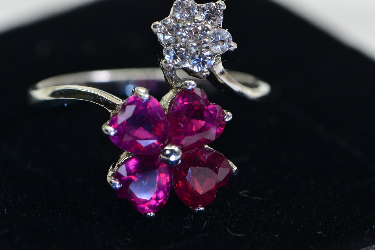 Ruby Heart Floral Ring: Sterling Silver Flower Design