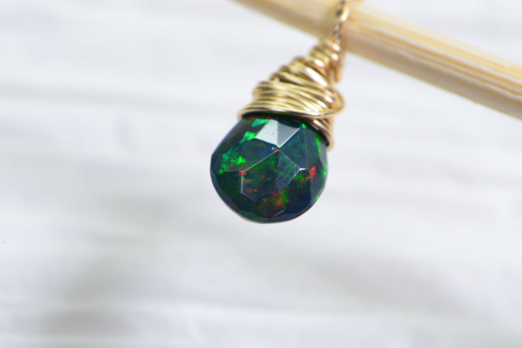 Black Opal Birthstone Pendant: 14K Gold Filled Wire Wrapped Charm