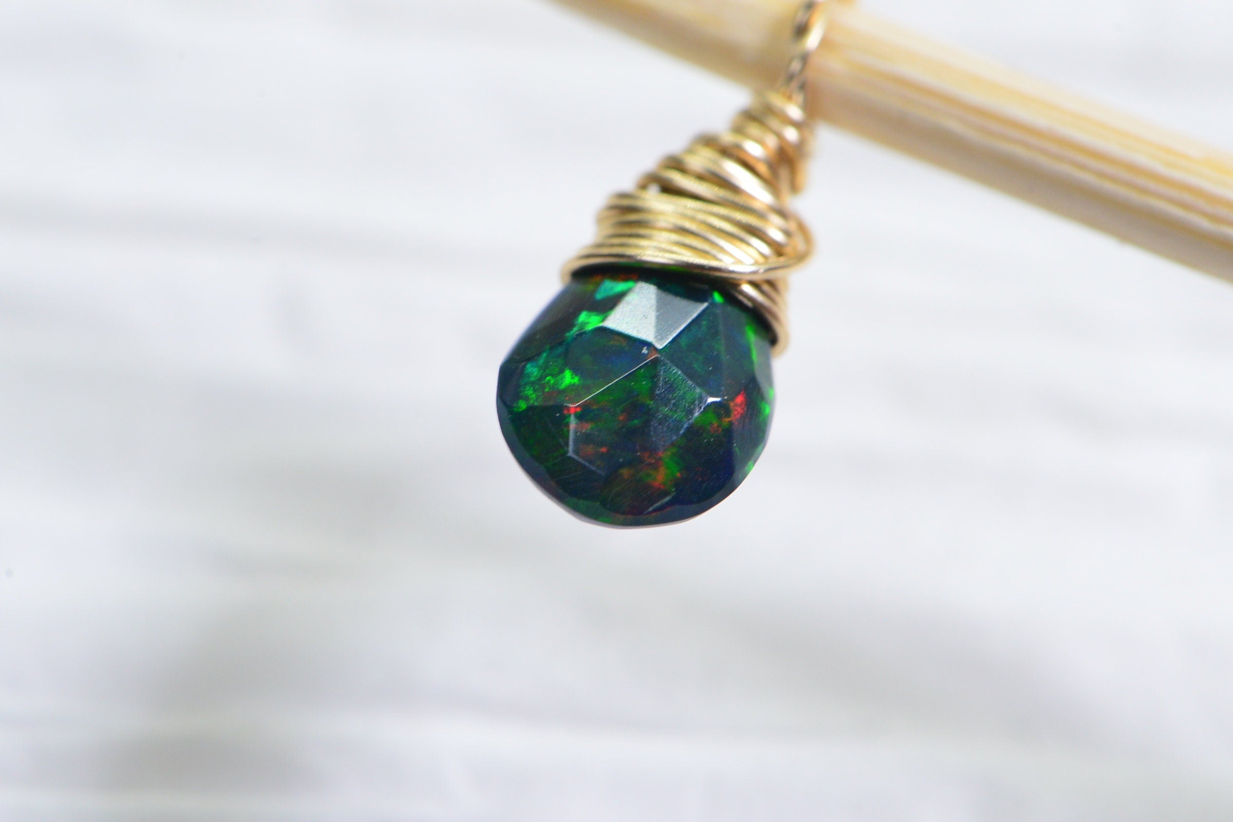 Black Opal Birthstone Pendant: 14K Gold Filled Wire Wrapped Charm