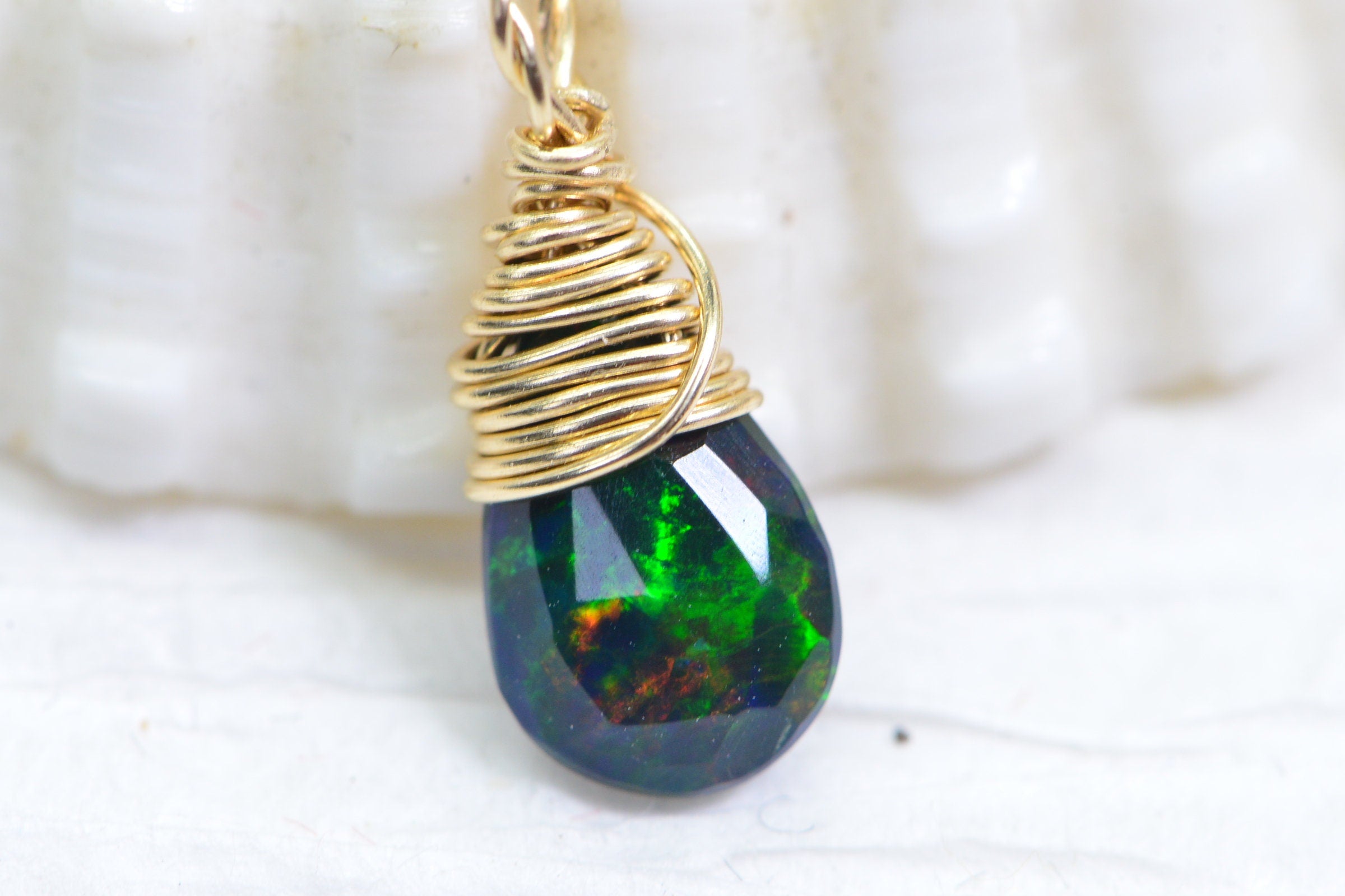 Black Opal Birthstone Pendant: 14K Gold Filled Wire Wrapped Charm