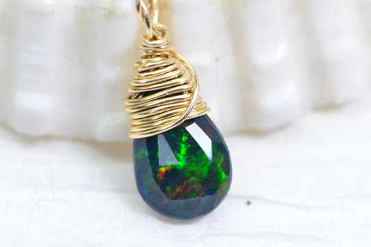 Black Opal Birthstone Pendant: 14K Gold Filled Wire Wrapped Charm