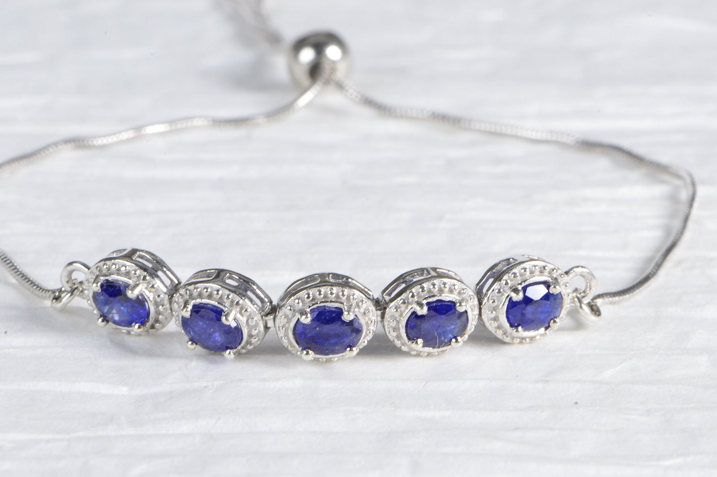 Ceylon Blue Sapphire Bolo Bracelet Adjustable Rhodium Over Sterling Silver Birthstone September