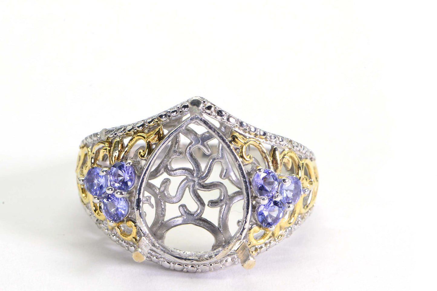 14K Gold Over Sterling Silver Pear Cab Ring Blank, Size 11