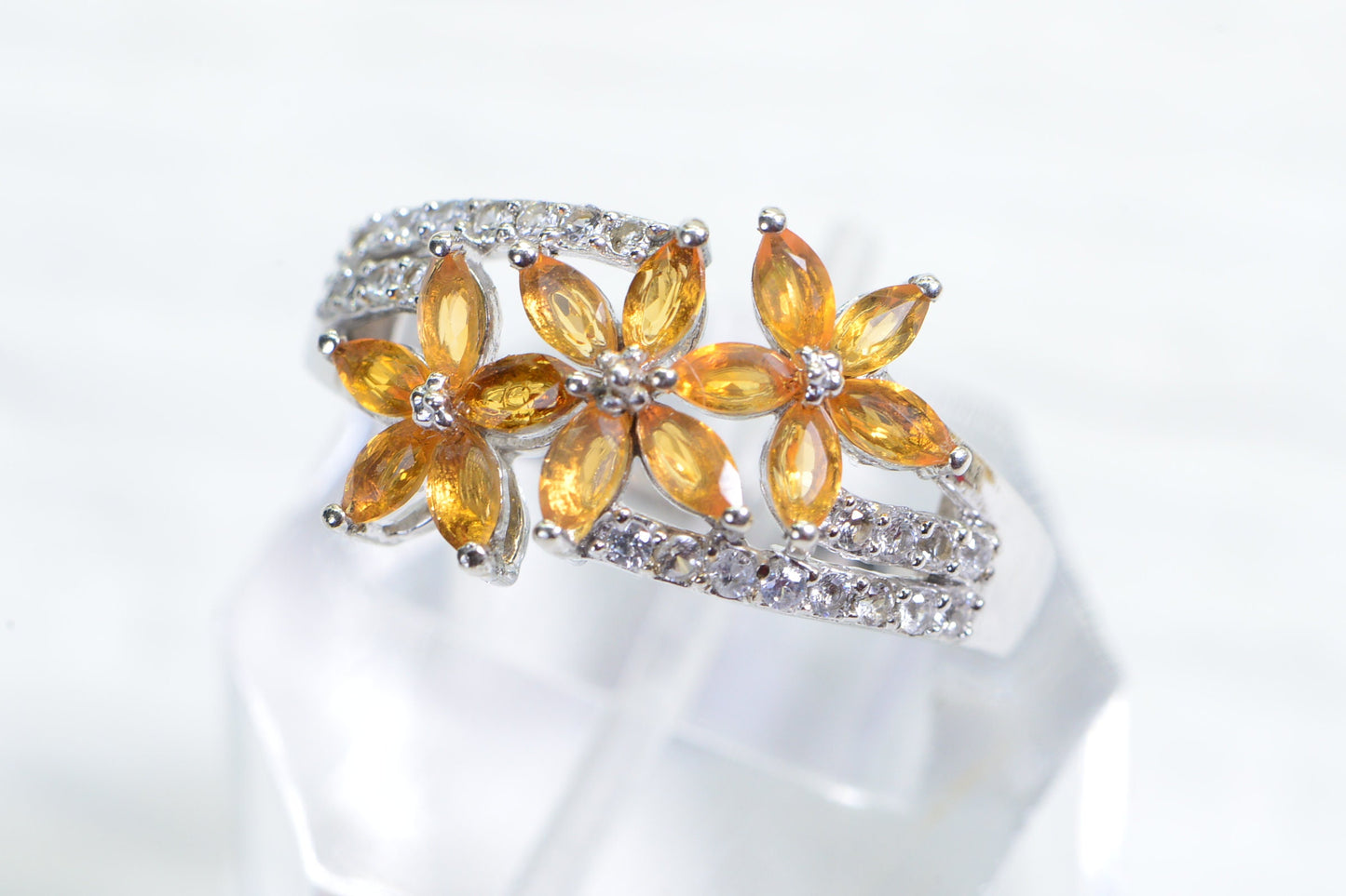 Mexican  Fire Opal Cluster Three Flower Ring   Sterling Silver Marquise  style ring