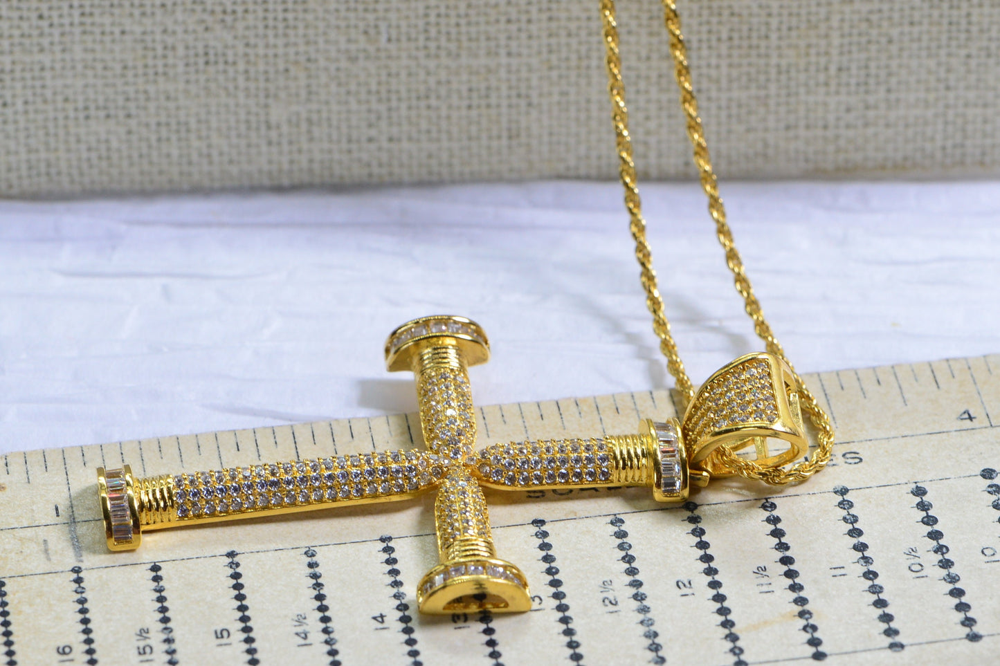 Large Diamond Cross Pendant: 24K Gold Over Sterling Silver Necklace