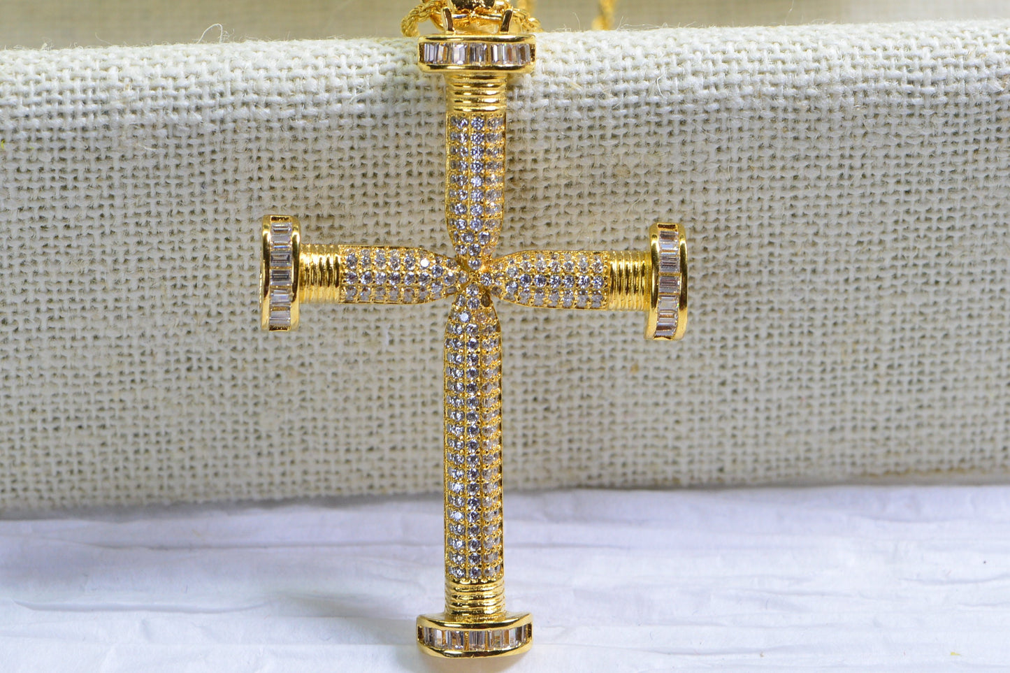 Large Diamond Cross Pendant: 24K Gold Over Sterling Silver Necklace