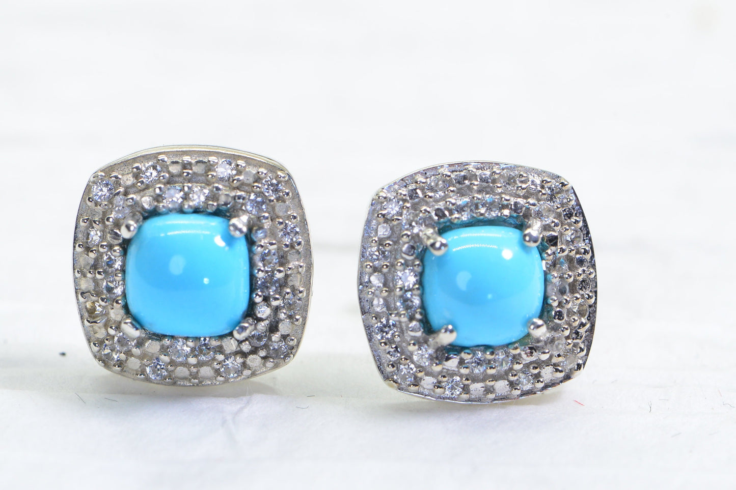 Sleeping Beauty Turquoise Stud Earrings: White Zircon, Sterling Silver
