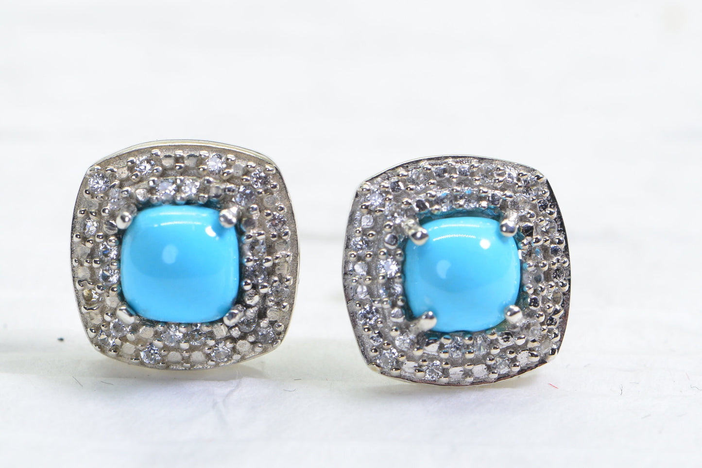 Sleeping Beauty Turquoise Stud Earrings: White Zircon, Sterling Silver