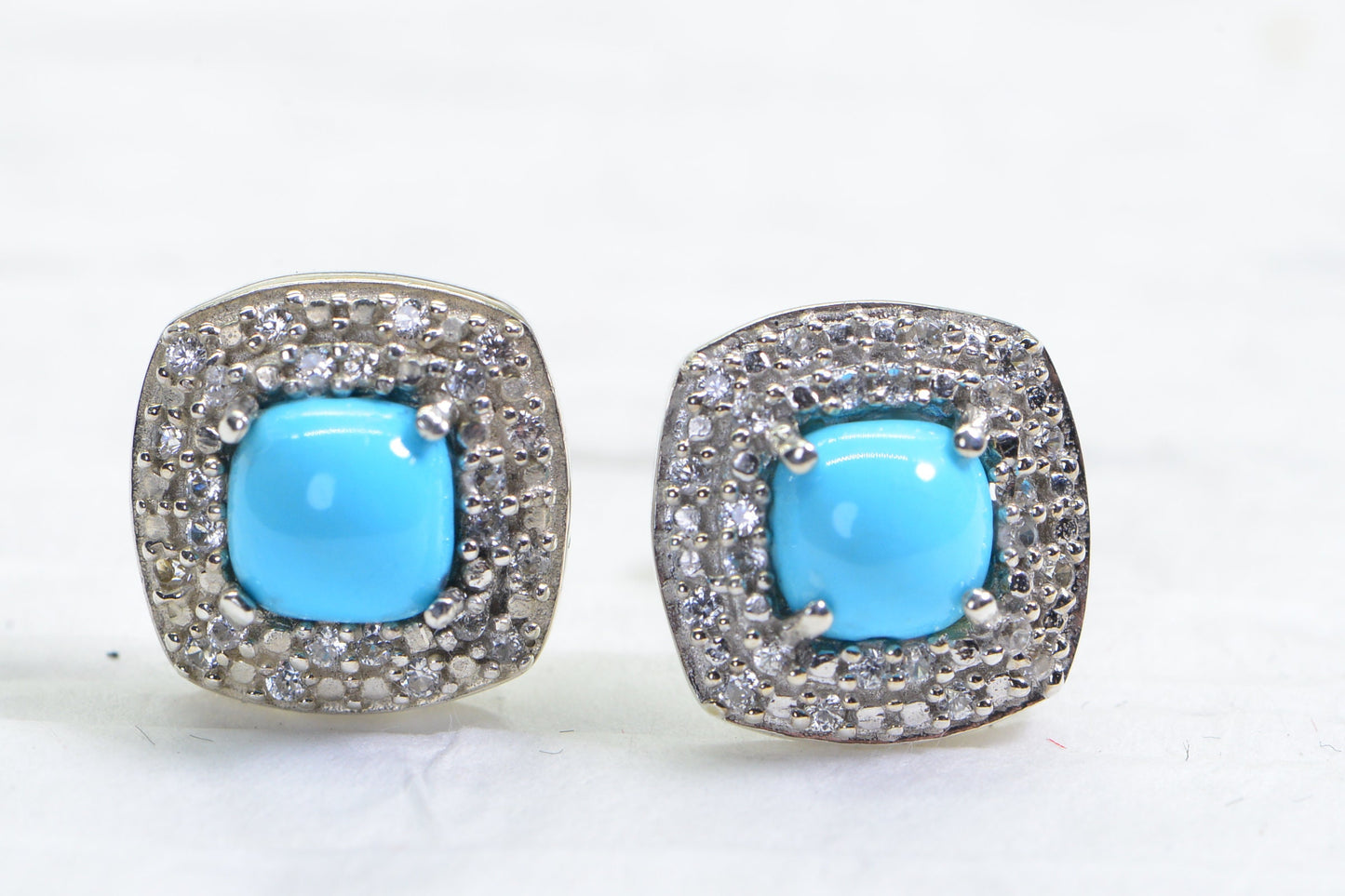 Sleeping Beauty Turquoise Stud Earrings: White Zircon, Sterling Silver