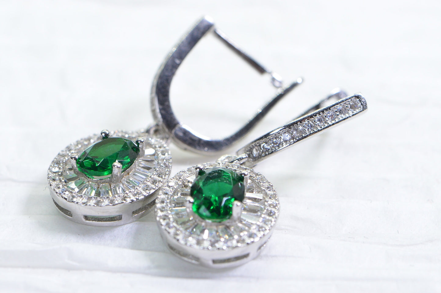 Emerald Dangle Earrings: Sterling Silver Double Halo, May Birthstone