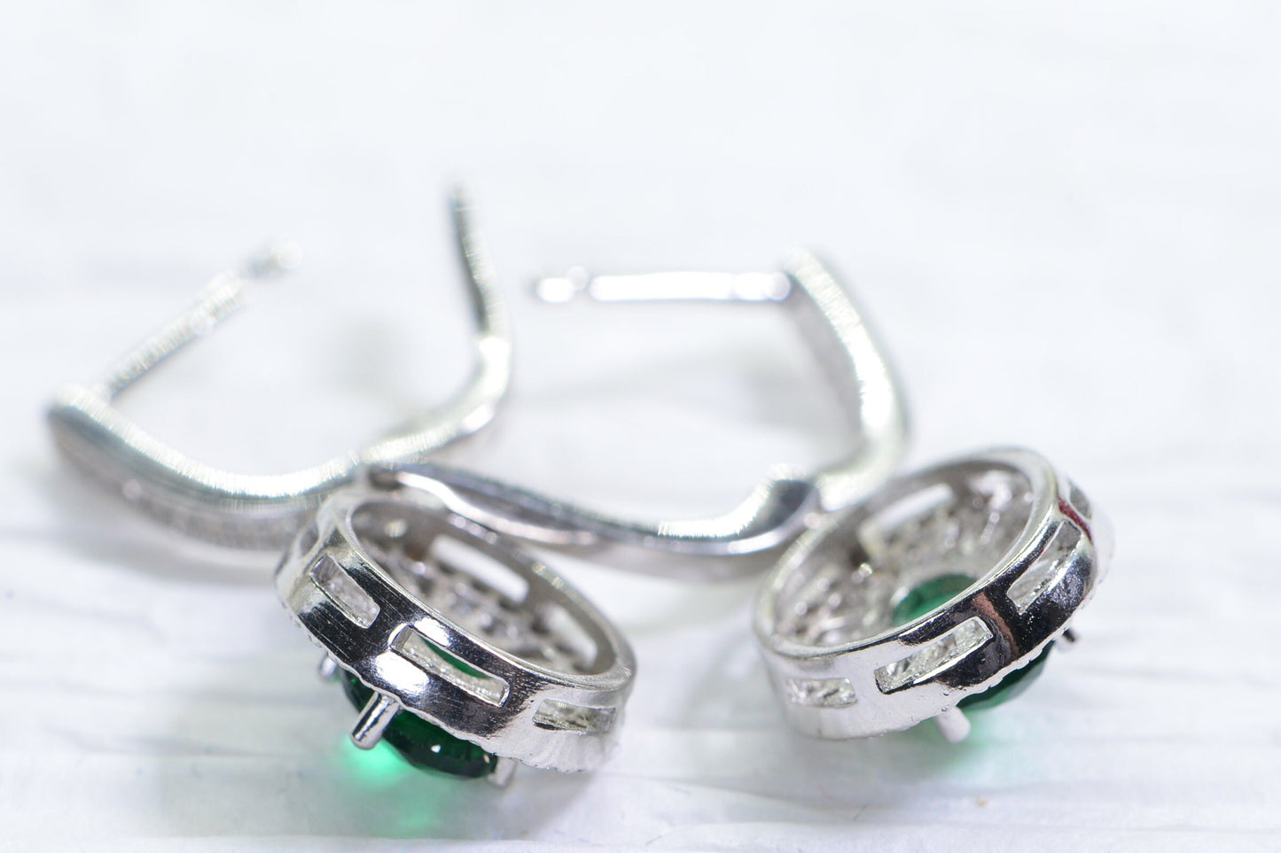 Emerald Dangle Earrings: Sterling Silver Double Halo, May Birthstone