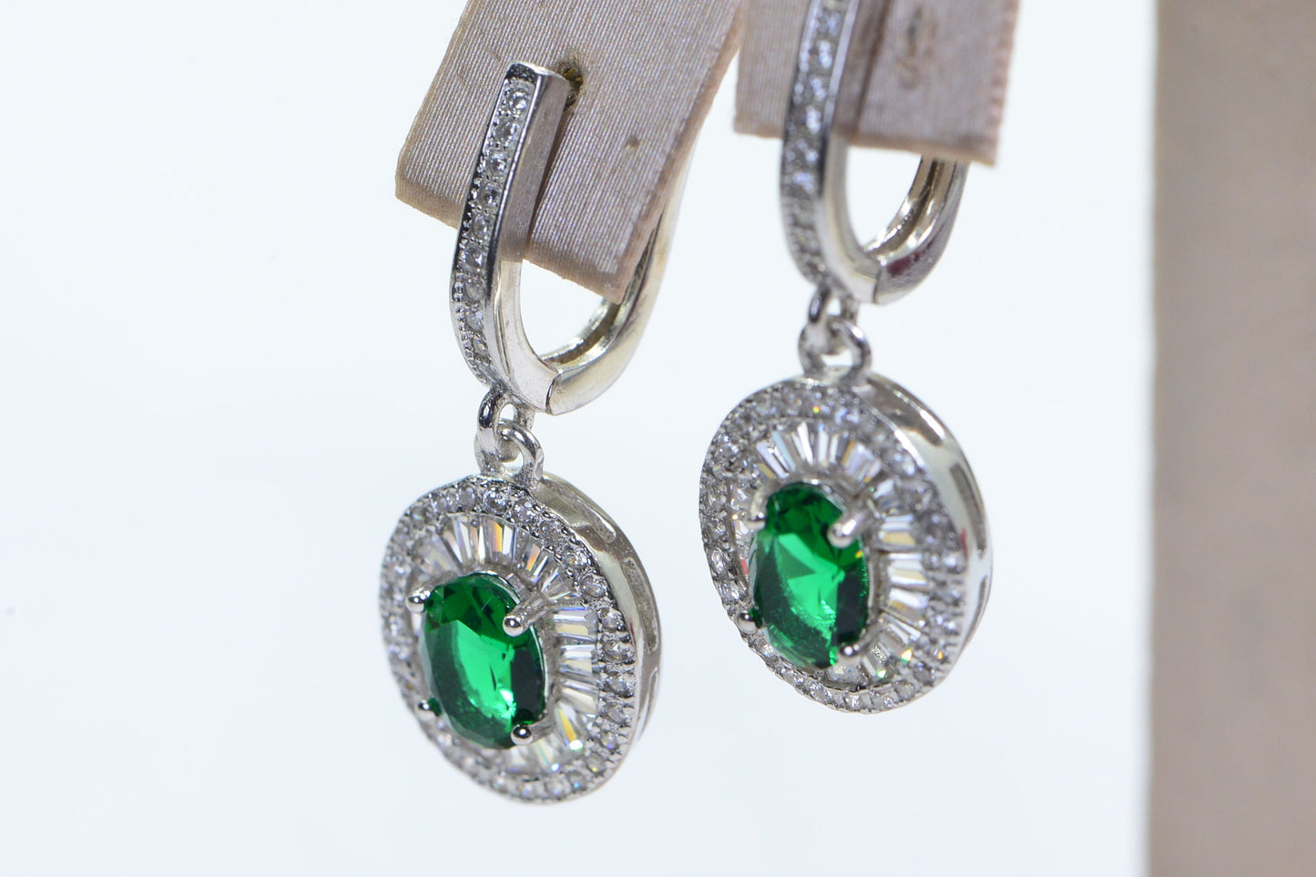 Emerald Dangle Earrings: Sterling Silver Double Halo, May Birthstone