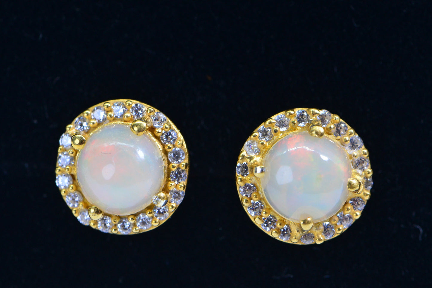 Ethiopian Opal Stud Earrings: 24K Gold Vermeil, Diamond Halo