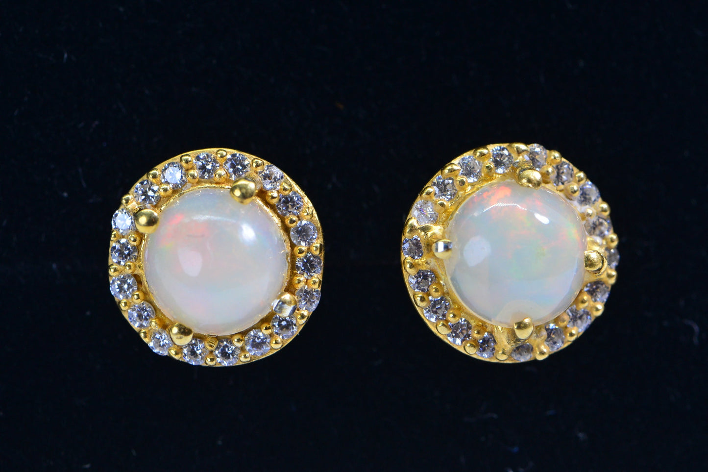 Ethiopian Opal Stud Earrings: 24K Gold Vermeil, Diamond Halo