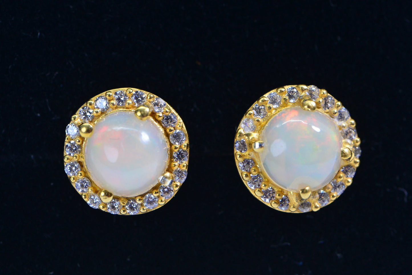 Ethiopian Opal Stud Earrings: 24K Gold Vermeil, Diamond Halo