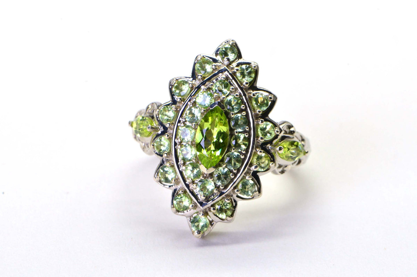 Marquise Peridot & Green Amethyst Cluster Ring - Sterling Silver