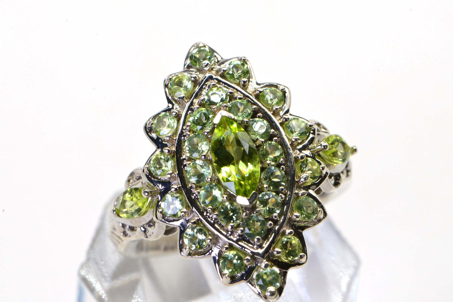 Marquise Peridot & Green Amethyst Cluster Ring - Sterling Silver