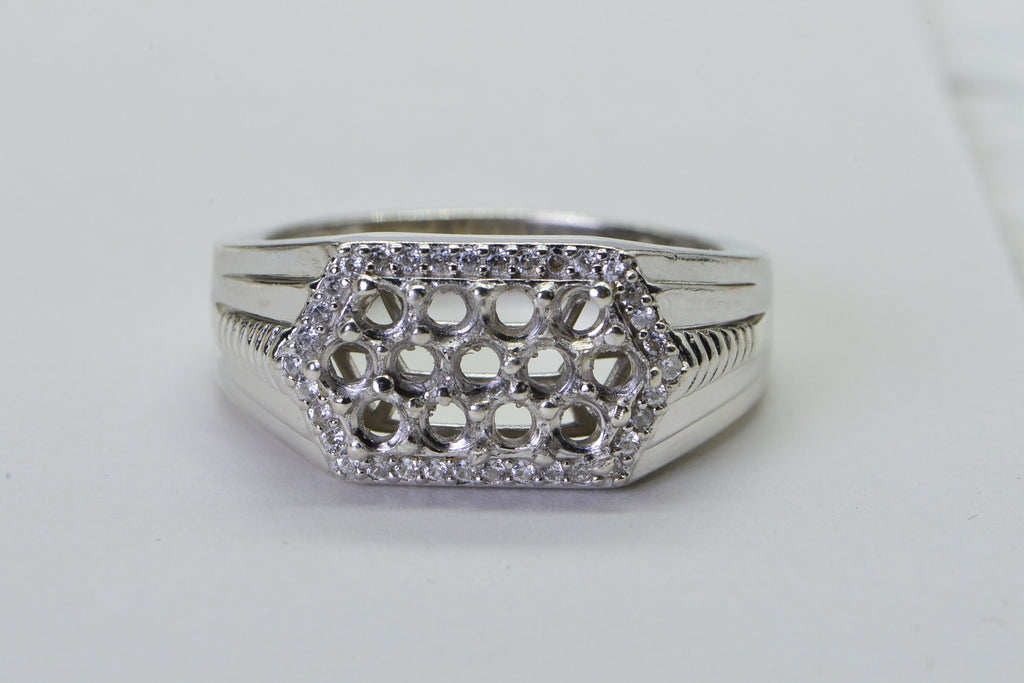 Solid Silver Men's Ring: Round Cut Multi Stone Semi Mount, Size 12
