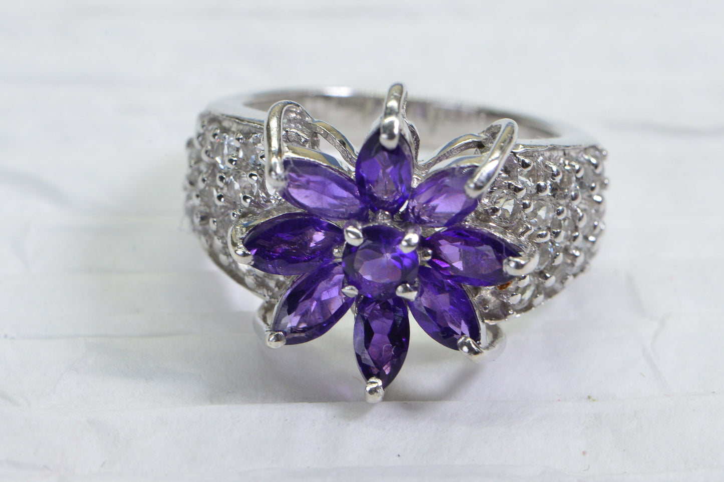 Amethyst Flower Ring: Sterling Silver, White Topaz, Vintage Estate Jewelry