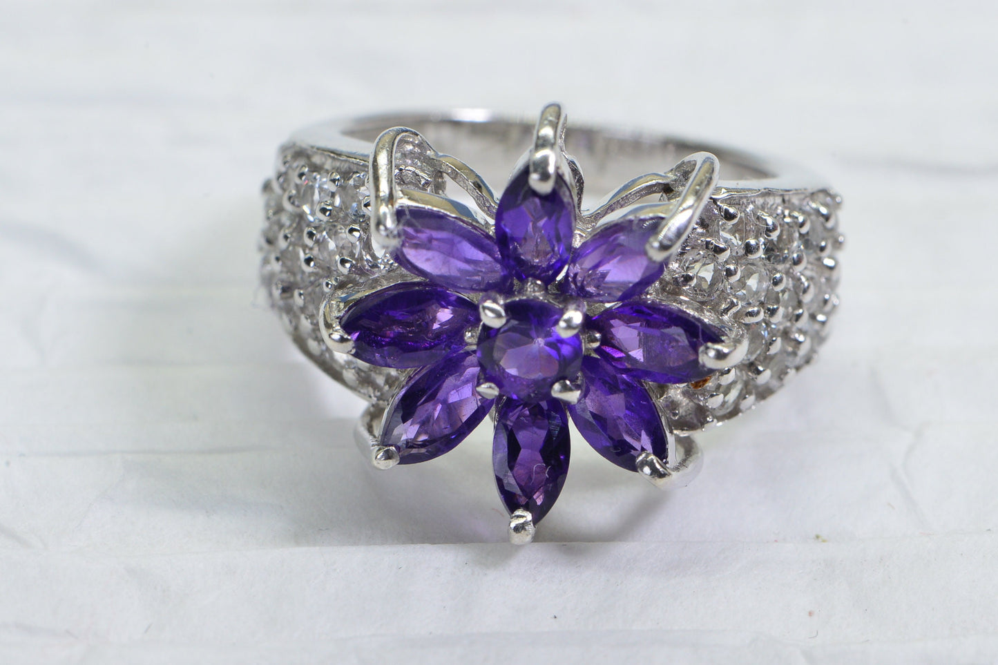 Amethyst Flower Ring: Sterling Silver, White Topaz, Vintage Estate Jewelry