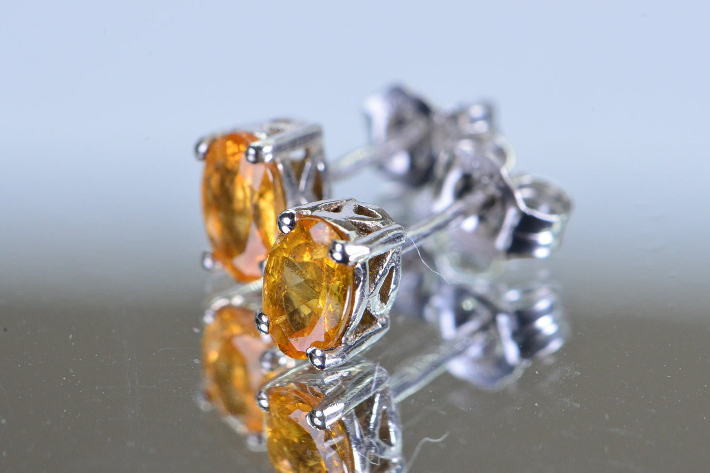 Natural Citrine Bright Yellow Orange Stud Earrings  Oval Facet Sterling Silver Birthstone November