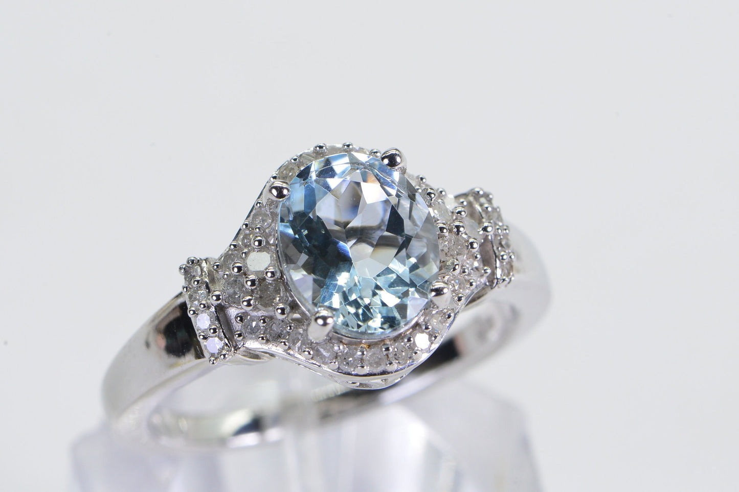 Aquamarine Diamond Halo Ring: Sterling Silver Engagement Ring