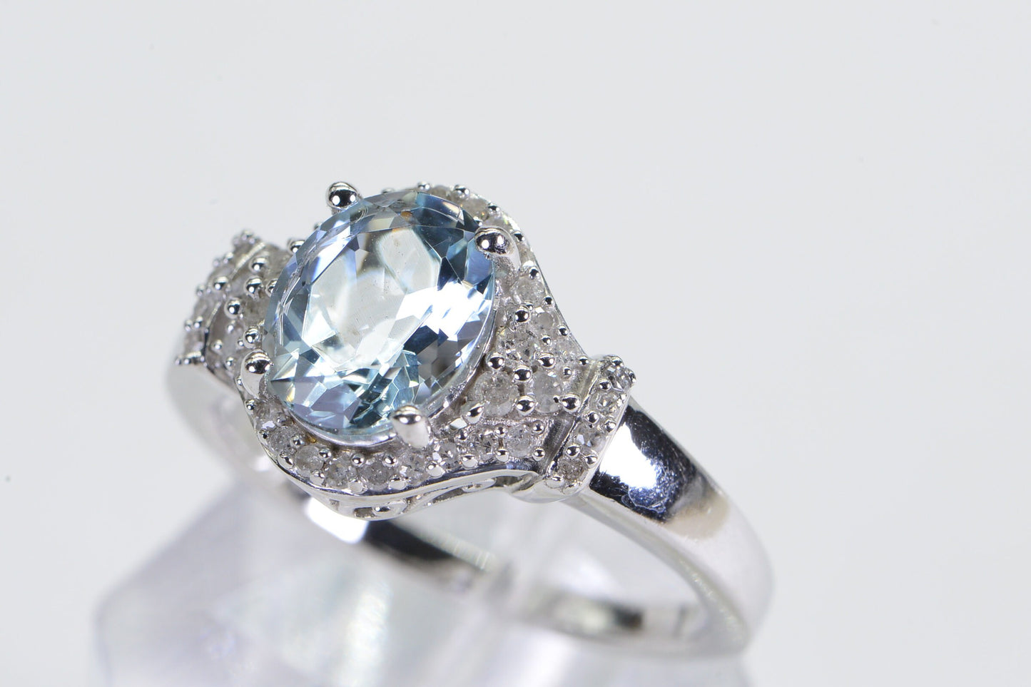 Aquamarine Diamond Halo Ring: Sterling Silver Engagement Ring