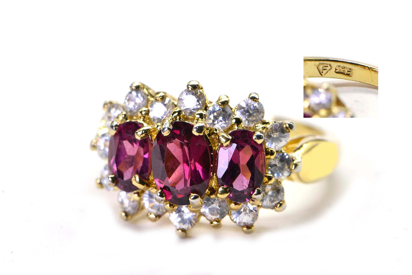 Vintage Garnet Trilogy Ring: 24K Gold Over Sterling Silver, Simulated Diamond Halo