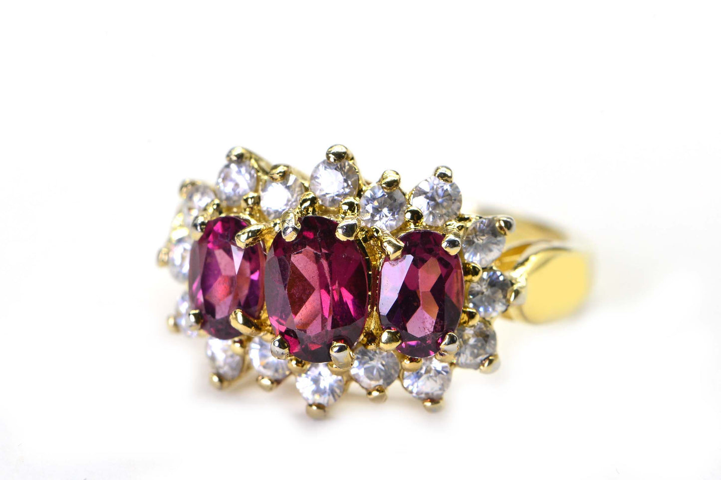 Vintage Garnet Trilogy Ring: 24K Gold Over Sterling Silver, Simulated Diamond Halo