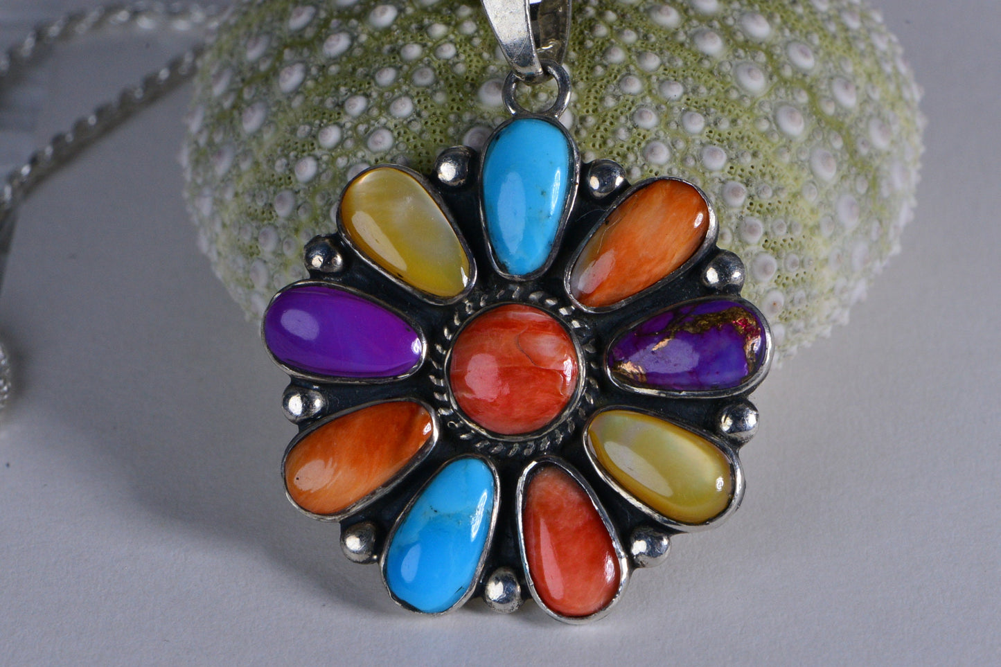 Spiny Oyster Shell Inlay Arizona Sleeping Beauty Turquoise Necklace Pendant Sterling Silver Gemstone necklace