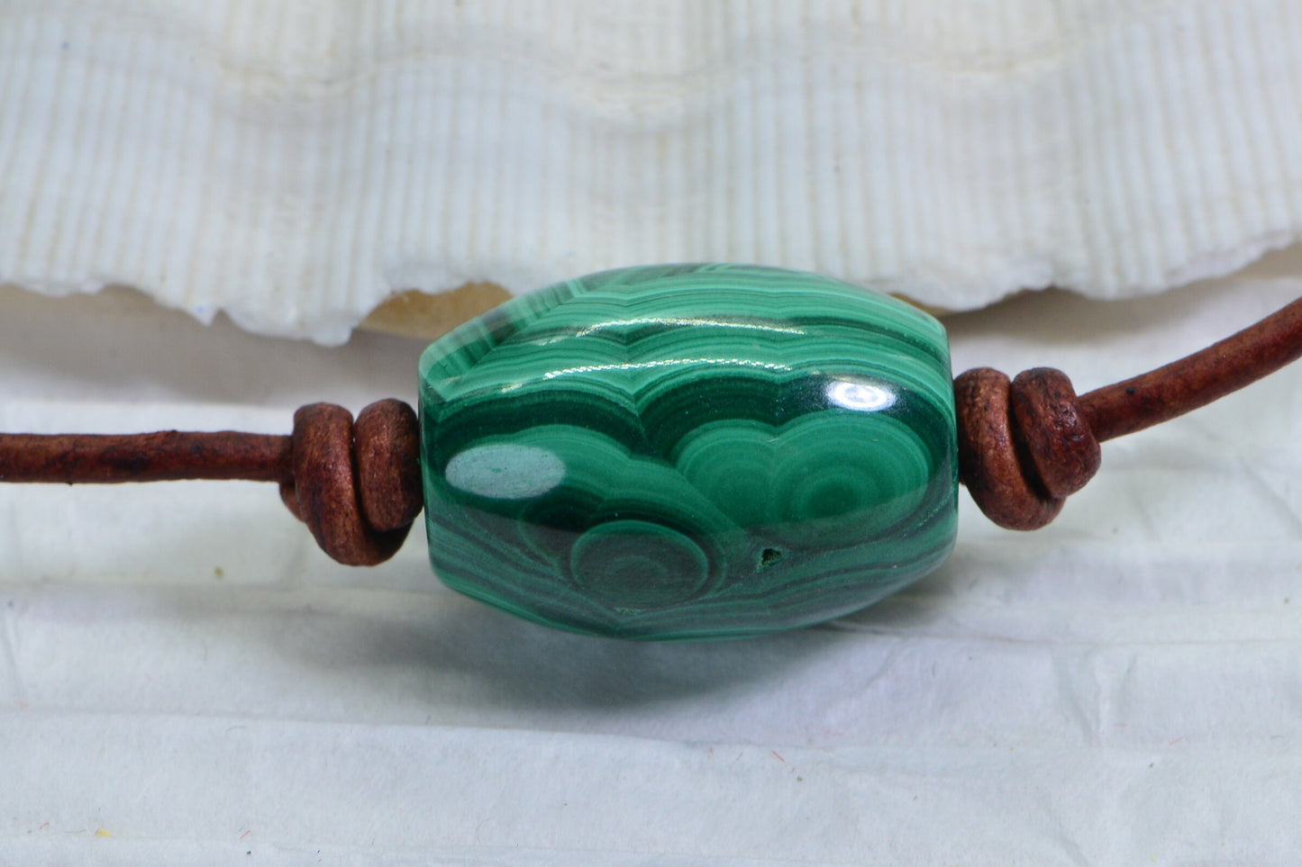 Malachite Barrel Stone Necklace, Leather Cord & Sterling Silver Clasp