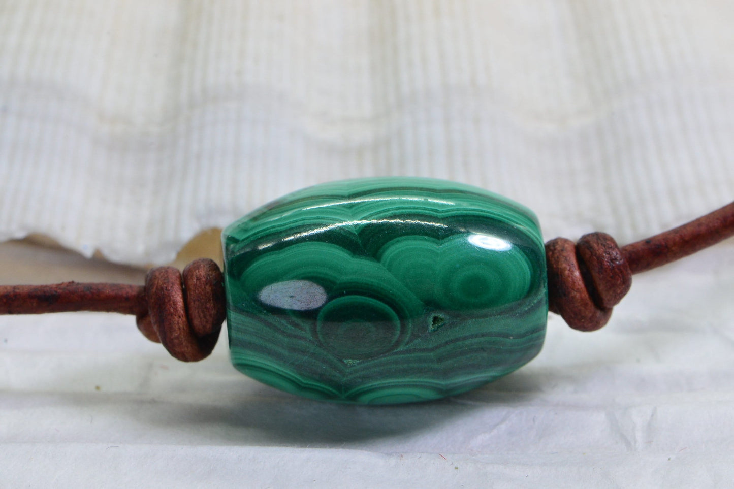 Malachite Barrel Stone Necklace, Leather Cord & Sterling Silver Clasp