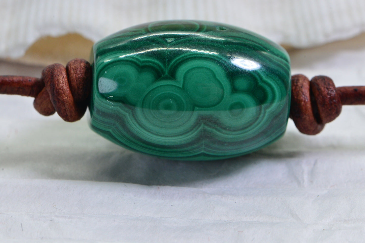 Malachite Barrel Stone Necklace, Leather Cord & Sterling Silver Clasp